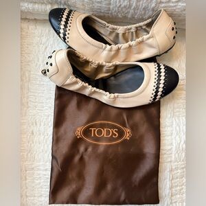 Tod's Beige and Black Leather Espadrille Ballet Flats